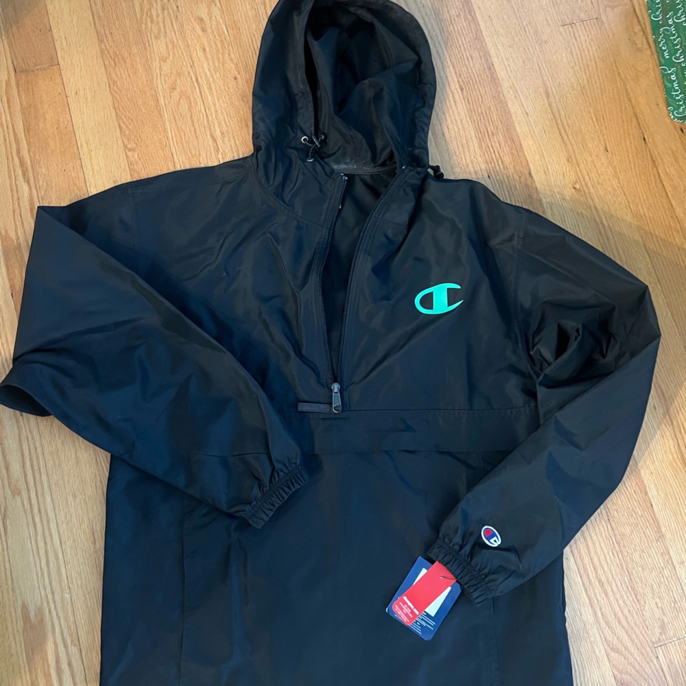 Champion Packable Half Zipper Jacket Black w Pop Color Green Logo Men